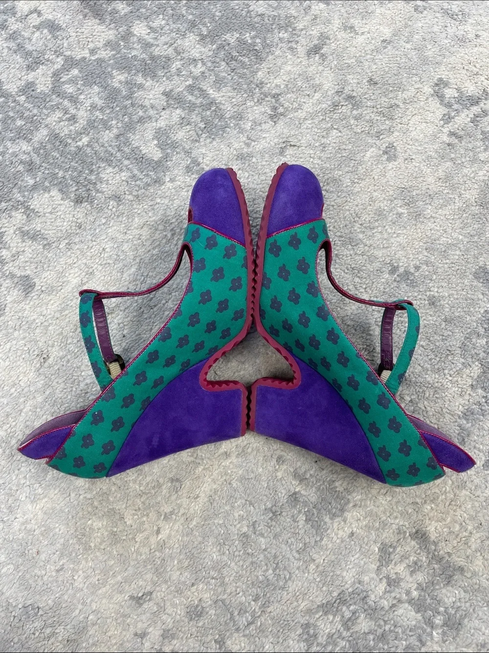 Vintage Marc Jacobs Purple Teal T-Strap Wedge Heels Retro Flower Sz 35.5